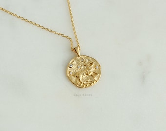 Aries Zodiac Necklace, Crystal Gem Paved Stamped Coin Pendant, Dainty Gold Melted Look, Minimalist Jewelry, Astrology Birthday Her Gift