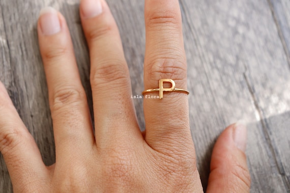 Letter P Initial Ring, Dainty Solid Letter Open Band, Mini