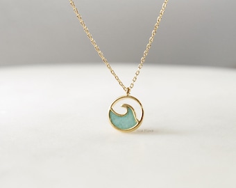Aqua Color Wave Coin Pendant Necklace, Gold, Cutout Frame, Chrysoprase Stone, Minimal Coastal Jewelry, bridesmaid Gift