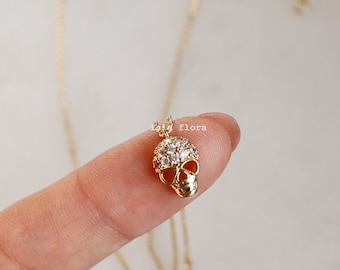 Dainty Crystal Pave Skull Necklace • Retro 18k Gold Dipped Detailed Skull Head Minimalist, Gothic 90's, Simple y2k Jewelry, Best Friend Gift