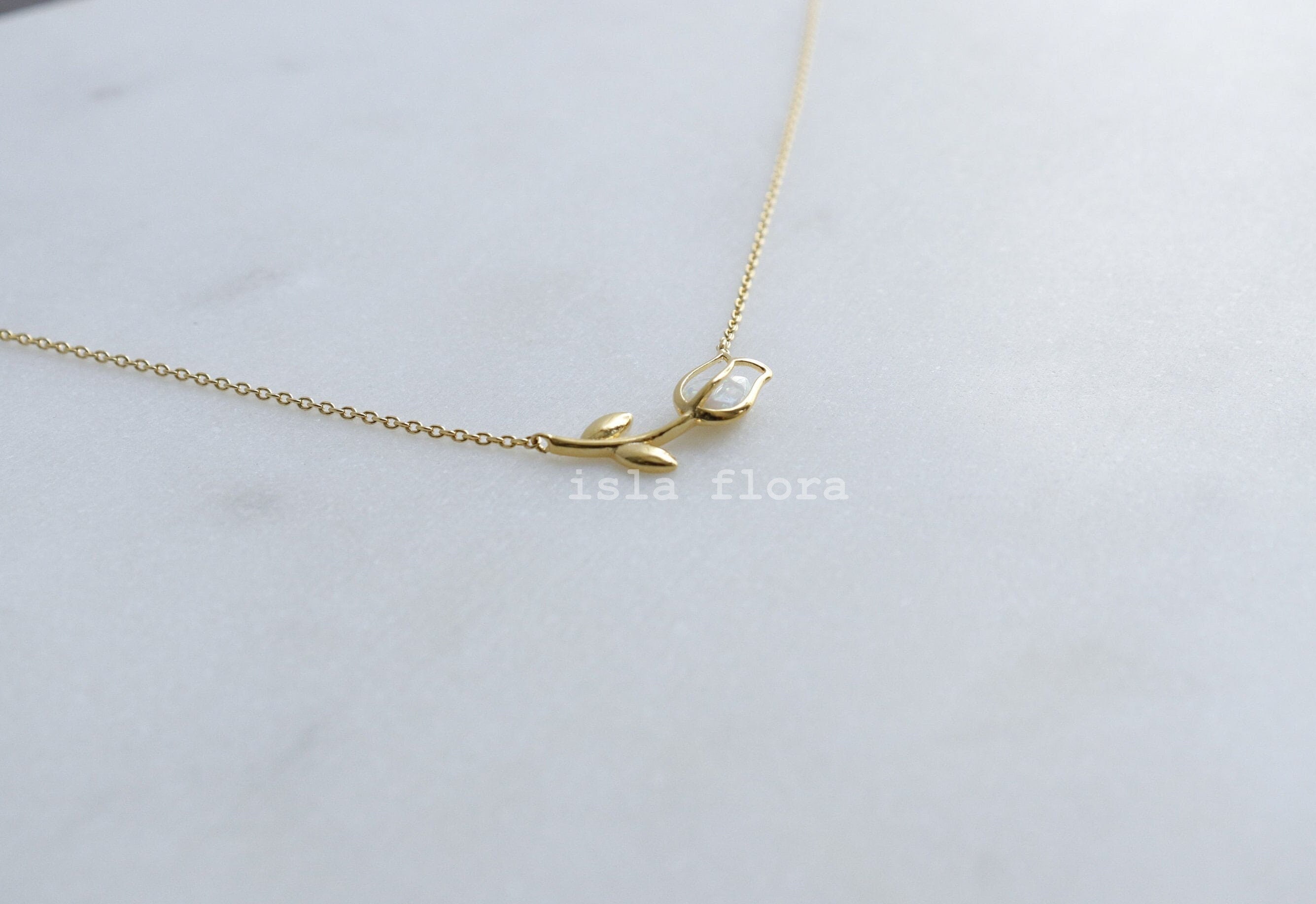 Dainty Encased Opal Tulip Wrap Necklace, Aesthetic, Simple, Gold, Silver Elegant, Minimal Jewelry, bridesmaid, Delicate, Layering Her Gift