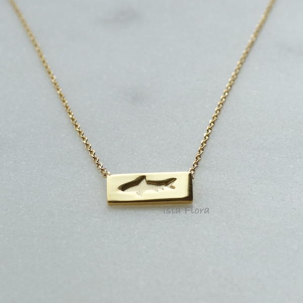 Dainty Shark Rectangle Bar Necklace, 18k Gold Dipped Statement Piece, Shark Imprint Minimalist Jewelry, bridesmaid Gift