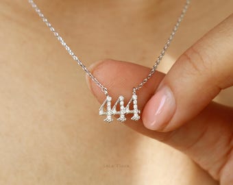 Crystal Paved 444 Necklace Angelic Blessings, Gold Silver Dainty Triple Angel Number Pendant, Spiritual, Minimalist Jewelry, Her Gift