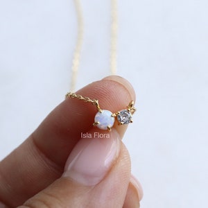 By my Side Double Opal & Crystal Rhinestone Necklace, Dainty Gold Plated Chain, Minimalist Charm Jewelry, bridesmaid Best Friend Her Gift