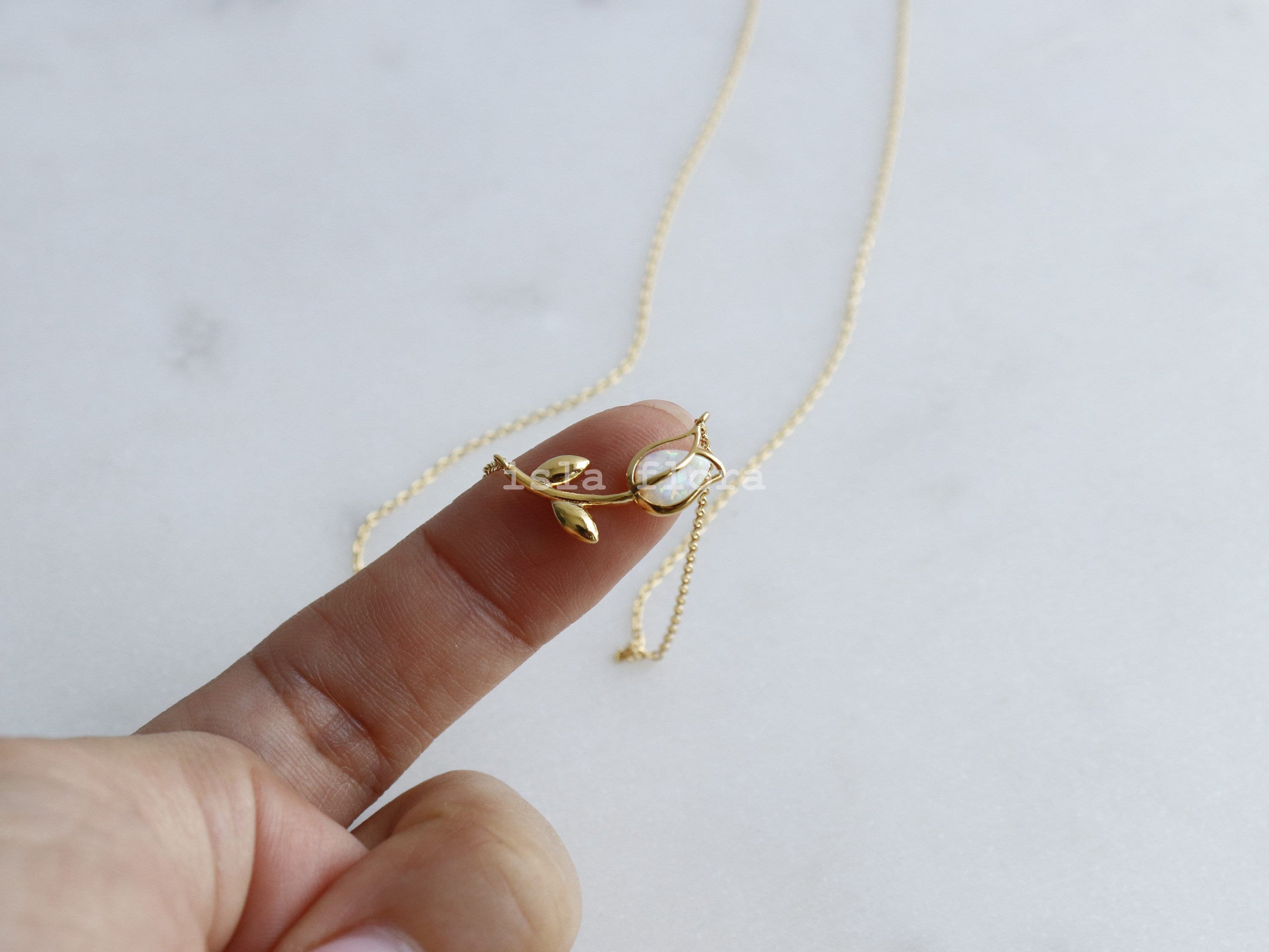 Dainty Encased Opal Tulip Wrap Necklace, Aesthetic, Simple, Gold, Silver Elegant, Minimal Jewelry, bridesmaid, Delicate, Layering Her Gift