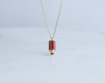 Dainty Red Pencil Pendant Necklace, Back to School, Student Charm, Minimalist Jewelry, Gold Plated Thank you Teacher, Best Friend Gift