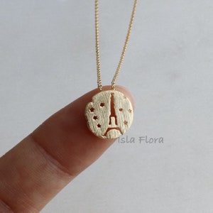 Collar de la Torre Eiffel de París con noche estrellada bañado en oro de 18 k, dije parisino, delicados detalles finos, joyería minimalista, regalo de dama de honor