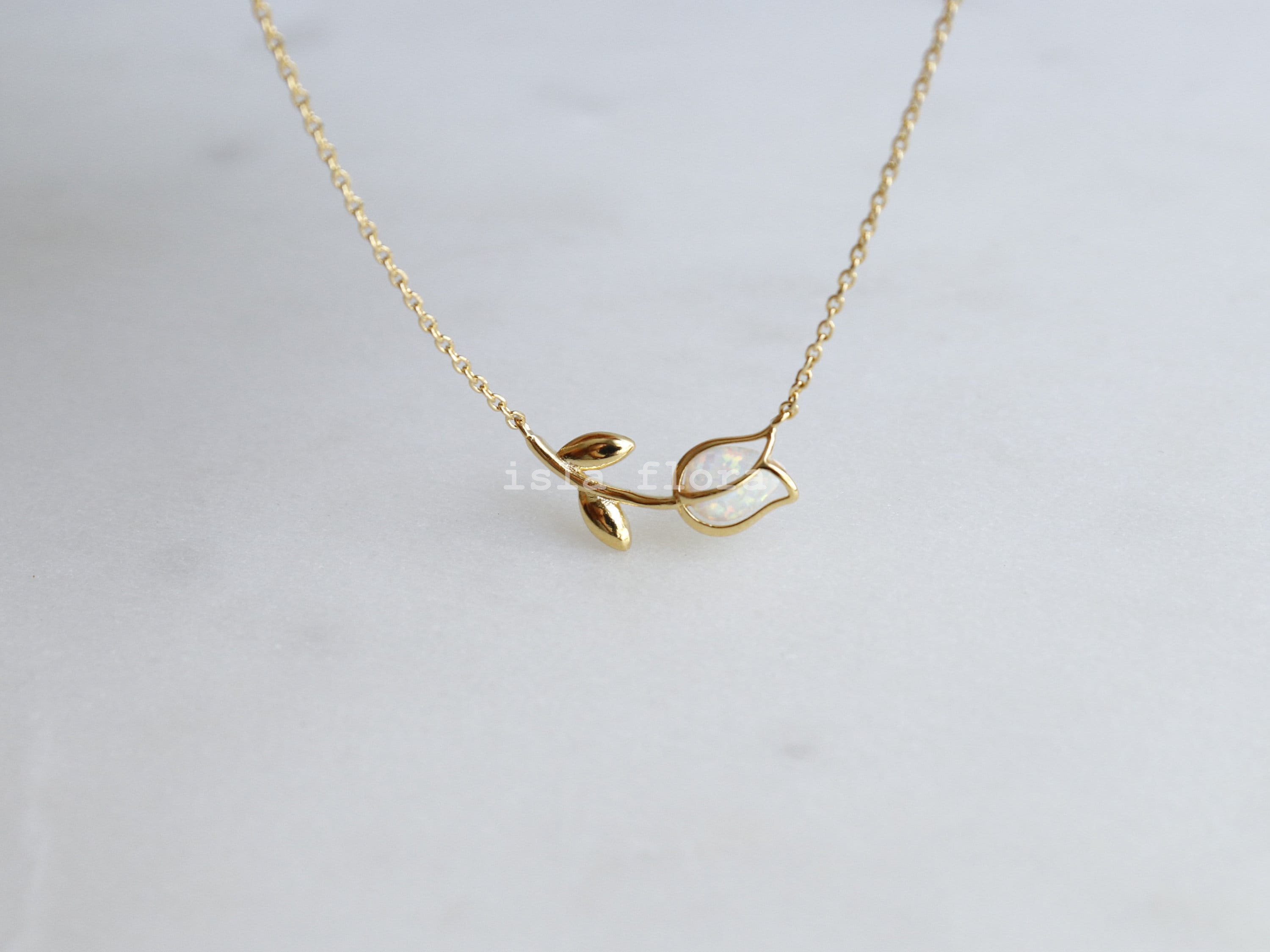 Dainty Encased Opal Tulip Wrap Necklace, Aesthetic, Simple, Gold, Silver Elegant, Minimal Jewelry, bridesmaid, Delicate, Layering Her Gift