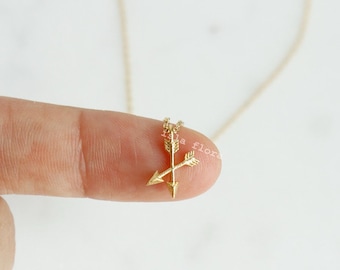 Small Double Arrow Cross Necklace, Dainty, Thin Feather Arrow, Delicate Fine Detail, Gold Plated Jewelry, Bridesmaid Graduation Gift Her