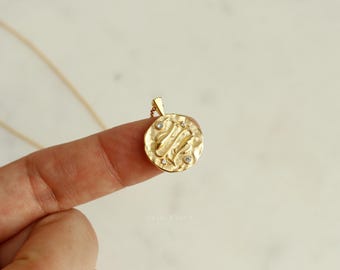 Pisces Zodiac Crystal Paved Stamped Coin Necklace, Melted Texture Pendant, Dainty Gold Dipped, Minimalist Jewelry, Bestie birthday Her Gift