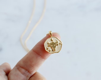 Taurus Zodiac Necklace, The Bull with Stars Emboss Stamped Uneven Coin Charm, Dainty Gold plated, Minimalist Jewelry, Bridesmaid Her Gift