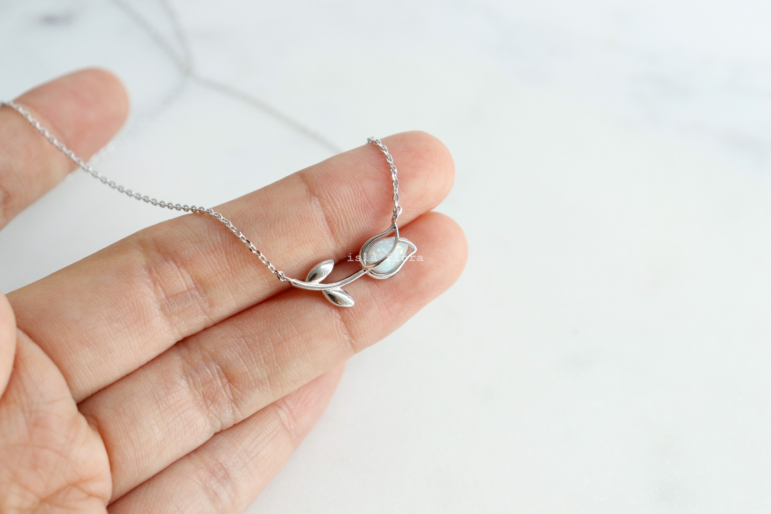Dainty Encased Opal Tulip Wrap Necklace, Aesthetic, Simple, Gold, Silver Elegant, Minimal Jewelry, bridesmaid, Delicate, Layering Her Gift
