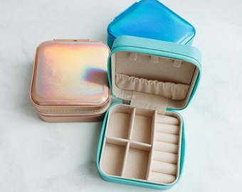 Pretty Mini Travel Jewelry Case, Cute Metallic, Soft Colors, Vegan Leather Box, Zip Pouch, Perfect Bridesmaid, Bestie Daughter Gift