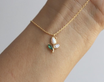 Small Opal Mixed Gem Tulip Flower Crystal Leaf Necklace, Rhinestone Cubic, Dainty Minimalist Gold Plated Jewelry, bridesmaid, Her Gift