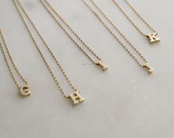 Dainty Letter Initial Necklace 18k Gold Dipped Brushed Tiny G H I J K Block Pendant, Personal Jewelry, Cute Bridesmaid Best Friend Gift