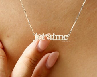 Je t'aime Necklace, I love You French, je taime, Brushed Texture, Minimalist Jewelry, Simple France, Girlfriend Her Nostalgic Romance Gift