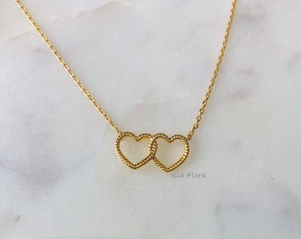 Textured Double Heart Linked Charm Necklace, Gold Plated, Dainty, Minimalist Jewelry, Delicate, bridesmaid, Valentine Her Gift
