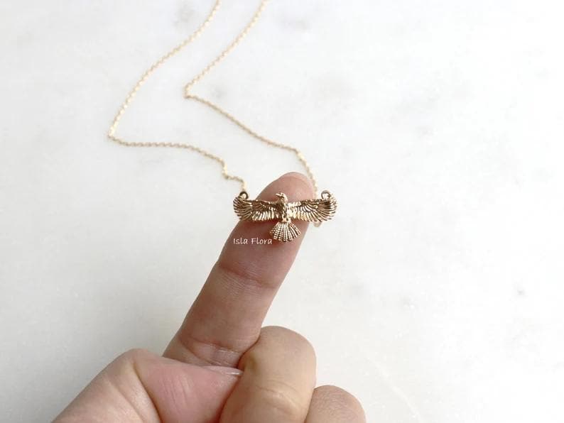 Full Eagle Necklace or Hawk Brass Ring, Flying, Delicate Gold Plated, Spread Wings, Eagles Necklace, One Size, Statement Best Friend, Minimalist Gift