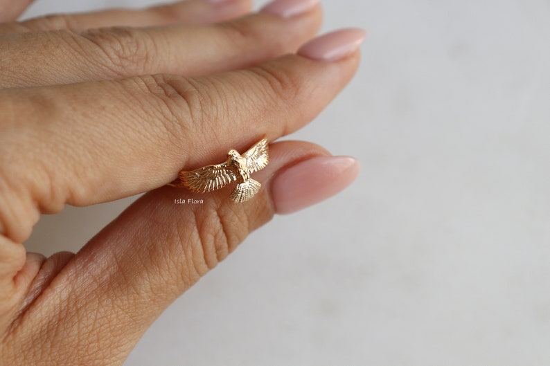 Full Eagle or Hawk Brass Ring, Flying, Delicate Gold Plated, Spread Wings, Fine Detailed, Adjustable, Statement Best Friend, Minimalist Gift
