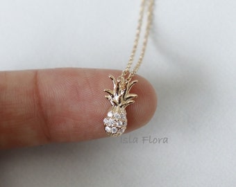 Dainty Studded Pineapple Pendant Necklace, Gold Charm Crystal Fruit, Minimalist Jewelry, Layering, Hawaiian, Vacation Bridesmaid Her Gift
