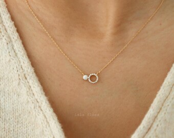 Double Gem Opal & Crystal Ring Side Pendant Necklace, Dainty Gold Plated Chain, Minimalist Charm Jewelry, bridesmaid Best Friend Her Gift