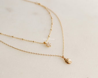 Layered Lucky Ladybug Snow Crystal Flower Necklace, Dainty Dangling Pendant, Spring Snowflake, Minimalist Jewelry, bridesmaid Bestie Gift