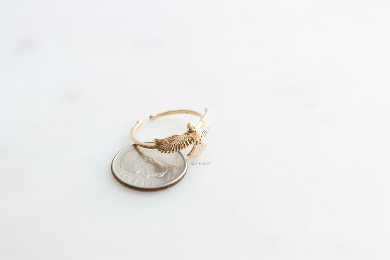 Full Eagle or Hawk Brass Ring, Flying, Delicate Gold Plated, Spread Wings, Fine Detailed, Adjustable, Statement Best Friend, Minimalist Gift