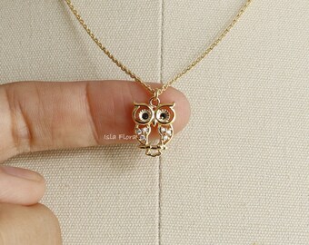 Cute Large Big Eyed Owl Pendant Necklace, Cubic Crystal, Gold Plated, Hoot hoot Dainty Minimalist Jewelry, Layering Her Gift