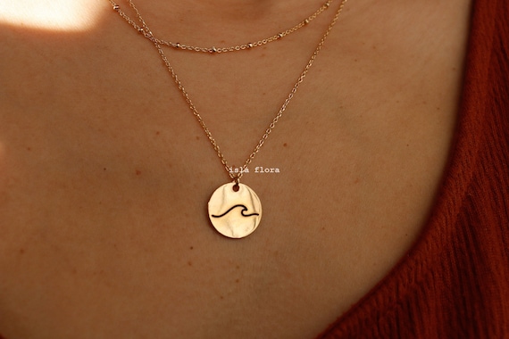 Wave Imprint Coin Necklace, Double Layer, Simple Aesthetic 18k