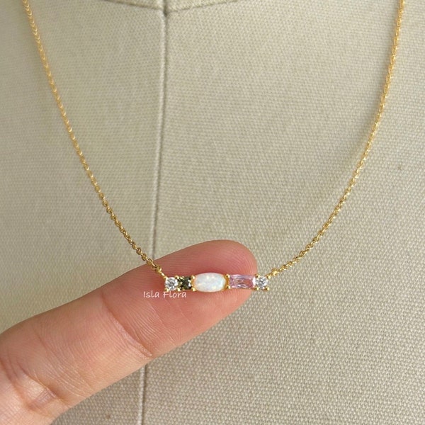 Crystal Opal Multi Color Gem Bar | 18k Gold Dipped CZ Necklace, Mini Rainbow Bar Plated, Dainty Minimalist Jewelry, bridesmaid Festive Gift