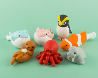 Sea Friends Creatures 01 Eraser Rubber Stationery Iwako Japan "separately options" octopus penguin globefish walrus sea otter clownfish