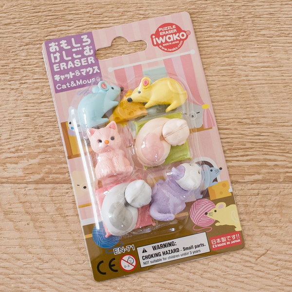 Cat & Mouse Eraser Rubber Iwako Japan Stationery Blister Package cheese Figure Japanese Sitting Cushion