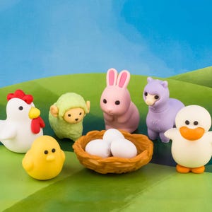Huhn und Freunde Radiergummi Iwako Japan Briefpapier Blisterpackung Huhn Schaf Kaninchenfarm Alpaka Ente Vogel Figur