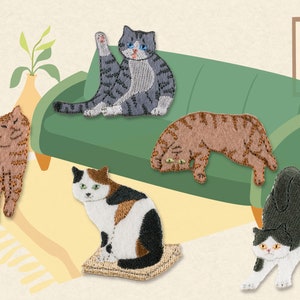 Toppa ricamata con ferro da stiro Carefree Cat, toppa decorativa, applique, fai da te, distintivo ricamato, emblema, animale, gattino, toppa Silver Tabby, Giappone