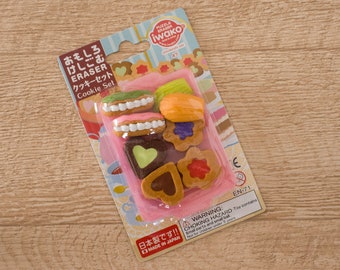 Jeu de gommes à biscuits avec plateau Caoutchouc Iwako Japon Madeleine Eclair Bonbons sous blister