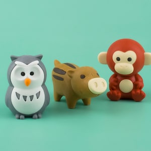 "Wildtier 05 Radiergummi Briefpapier Iwako Japan ""Einzelheiten"" Wildschwein Eule Affe Figur."