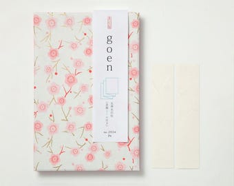 May include: A stationery set featuring a floral design with pink blossoms and green stems on a white background. The set includes a rectangular box and two long, narrow, cream-colored stickers. The box has a white label with Japanese text.