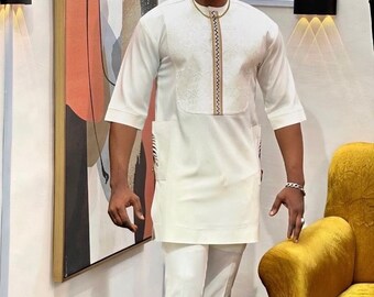 Men’s white Fashion-white Kaftan-2 set piece-African wear