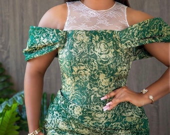 Lady’s Green dress-Brocade Outfit-Female mid-length wear-Straight dress