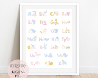 Abc Poster, Alphabet Poster, Educational Poster, Animal Alphabet Print, Nursery Alphabet, Printable Wall Art for kids room, Prints for girls