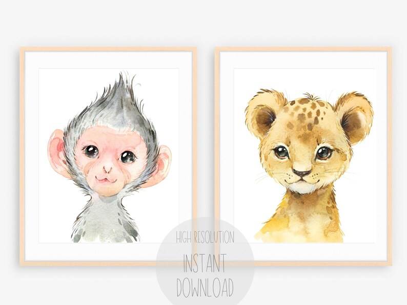Safari Animals Nursery Prints Set of 6 Animal Portraits for Unisex Baby