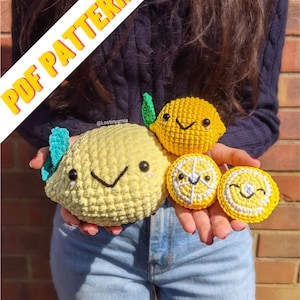 May include: A person is holding four crocheted lemon-shaped plushies. The plushies are yellow and have smiling faces. The plushies are all different sizes. The person is wearing blue jeans. The image includes the text "PDF PATTERNS" and "@Lostinyarnia".