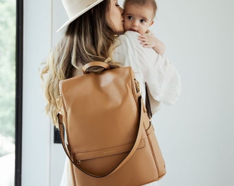 Convertible Multifunctional Large Brown Premium Vegan Leather Diaper Bag Backpack, Laptop Backpack, Includes Accessories(FREE US SHIPPING)