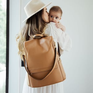 Convertible Multifunctional Large Brown Premium Vegan Leather Diaper Bag Backpack, Laptop Backpack, Includes Accessories(FREE US SHIPPING)