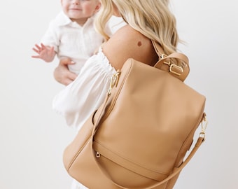 Brown Leather Diaper Bag Backpack: USB Charging Port, Changing Pad and Insulated Bottle Holder