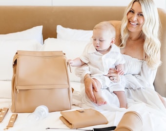 Brown Leather Diaper Bag Backpack: USB Charging Port, Insulated Bottle Holder and Changing Pad