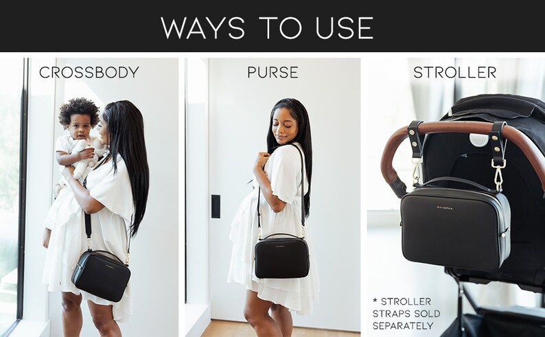 May include: A black leather bag with a top handle and a shoulder strap. The bag is shown being used as a crossbody bag, a purse, and attached to a stroller.  *Stroller straps sold separately*