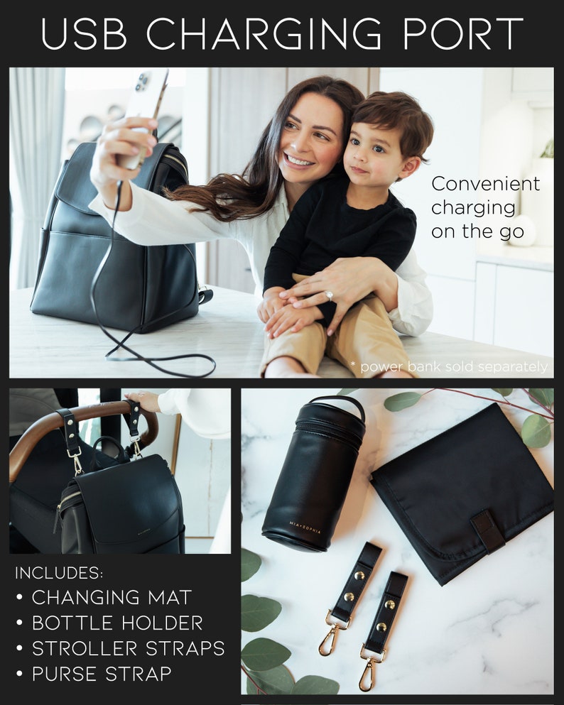 May include: A black diaper bag with a USB charging port, a changing mat, a bottle holder, stroller straps, and a purse strap. The bag is shown on a white surface with a woman and child in the background.