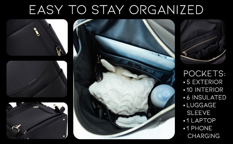 May include: A black backpack with multiple pockets and compartments. The backpack has a laptop sleeve, a phone charging pocket, and insulated pockets. The text "EASY TO STAY ORGANIZED" is at the top of the image. The text "POCKETS:" is at the bottom of the image, followed by a list of the number of pockets: 5 exterior, 10 interior, 6 insulated, 1 luggage sleeve, 1 laptop, 1 phone charging.