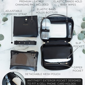 May include: Black diaper bag with six storage compartments. The bag has a detachable mesh pouch, a slip pocket, a zipper pocket, and elastic bands to hold baby wipes and bottles. The bag also has an antitheft exterior pocket designed to fit a cell phone, card holder, lipstick, headphones, or much more.